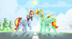 Size: 3500x1920 | Tagged: safe, artist:twinkepaint, derpibooru import, lightning dust, rainbow dash, pegasus, pony, cloven hooves, open mouth, raised hoof