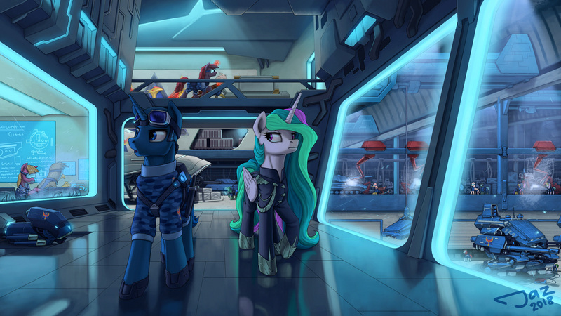 Size: 3000x1688 | Tagged: safe, artist:1jaz, derpibooru import, princess celestia, oc, oc:flint, alicorn, gryphon, pegasus, pony, unicorn, clothes, commission, duo, female, futuristic, goggles, griffon oc, levitation, magic, male, mare, raised hoof, science fiction, stallion, tank (vehicle), telekinesis