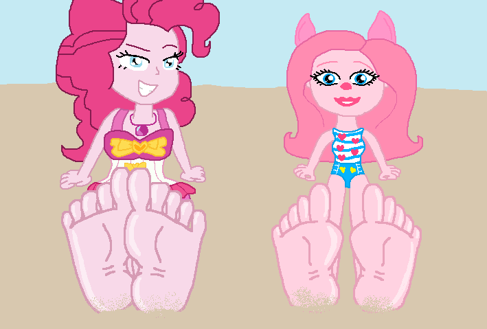 Size: 709x479 | Tagged: suggestive, anonymous artist, derpibooru import, edit, pinkie pie, equestria girls, equestria girls series, forgotten friendship, barefoot, beach, clothes, enchantimals, feet, female, fetish, foot fetish, foot focus, image, missing shoes, petya pig, png, sand, shiny, soles, swimsuit, toes