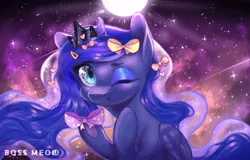 Size: 3577x2293 | Tagged: safe, artist:bossmeow, derpibooru import, princess luna, alicorn, pony, bow, crown, cute, eyeshadow, female, jewelry, lunabetes, makeup, mare, moon, one eye closed, regalia, ribbon, solo, wink