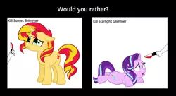 Size: 1076x584 | Tagged: semi-grimdark, anonymous editor, artist:slb94, artist:theshadowstone, derpibooru import, starlight glimmer, sunset shimmer, pony, unicorn, abuse, background pony strikes again, blood, downvote bait, female, glimmerbuse, implied murder, knife, mare, sad, sadistic choice, scared, shimmerbuse, would you rather