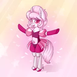 Size: 3072x3072 | Tagged: safe, artist:dsp2003, derpibooru import, oc, oc:sakuragi-san, unofficial characters only, pony, unicorn, abstract background, bipedal, blushing, clothes, cosplay, costume, crossover, cute, diamond, dsp2003 is trying to murder us, female, flower petals, frog (hoof), gloves, looking at you, mare, open mouth, pink diamond, stars, steven universe, t pose, underhoof