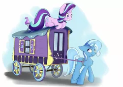 Size: 2508x1774 | Tagged: safe, artist:renderpoint, derpibooru import, starlight glimmer, trixie, pony, unicorn, road to friendship, chest fluff, cutie mark, duo, female, harness, horn, mare, simple background, tack, trixie's wagon, wagon