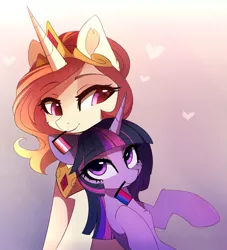 Size: 1449x1598 | Tagged: safe, artist:magnaluna, derpibooru import, princess celestia, twilight sparkle, alicorn, zefiros codex, alternate hairstyle, alternate universe, bi twi, bilight sparkle, bisexual pride flag, bisexuality, cute, cutelestia, daaaaaaaaaaaw, female, headcanon, heart, lesbian, lesbian pride flag, lgbt, lgbt headcanon, looking at each other, peytral, pride, pride flag, sexuality headcanon, shipping, twilestia