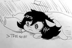 Size: 1280x844 | Tagged: safe, artist:tjpones, derpibooru import, oc, oc:floor bored, unofficial characters only, earth pony, pony, blanket, female, floppy ears, grayscale, mare, monochrome, pillow, prone, solo, tfw, tfw no bf, traditional art