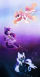 Size: 2478x4677 | Tagged: safe, alternate version, artist:magnaluna, derpibooru import, princess celestia, princess luna, twilight sparkle, twilight sparkle (alicorn), alicorn, pony, alternate design, ethereal mane, female, flying, gradient background, mare, peytral, pink-mane celestia, swirly markings, trio, wing claws