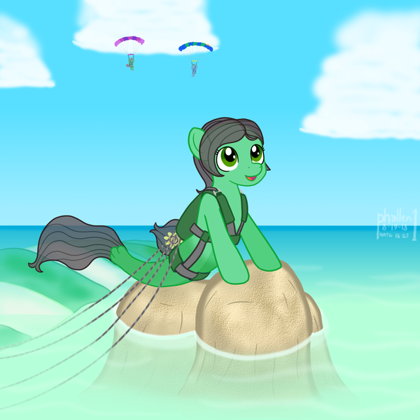 Size: 1500x1500 | Tagged: alternate version, artist:phallen1, atg 2018, character swap, derpibooru import, female, harness, mare, newbie artist training grounds, oc, oc:sadie michaels, parachute, ponified oc, safe, seaponified, seapony (g4), solo, species swap, tack, the little mermaid, unofficial characters only