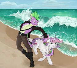 Size: 1024x907 | Tagged: safe, artist:falling-stars-1, derpibooru import, spike, sweetie belle, anthro, pony, anthro with ponies, beach, clothes, older