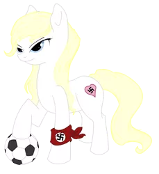 Size: 1100x1200 | Tagged: safe, artist:anonymous, derpibooru import, oc, oc:aryanne, earth pony, pony, /mlpol/, armband, aryan, aryan pony, ball, blonde, captain, female, football, nazi, nazi armband, nazipone, sports, swastika