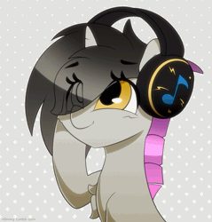 Size: 1193x1250 | Tagged: safe, artist:n0nnny, derpibooru import, oc, oc:bass sparks, unofficial characters only, pony, unicorn, animated, chest fluff, commission, frame by frame, gif, headbang, headphones, male, smiling, solo, stallion, suggestive source