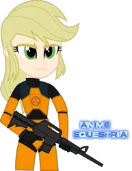 Size: 627x814 | Tagged: safe, artist:anime-equestria, derpibooru import, applejack, equestria girls, assault rifle, blonde, crossover, female, green eyes, gun, half-life, hatless, hero, heroine, hev suit, missing accessory, rifle, serious, serious face, solo, weapon