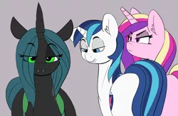 Size: 4116x2680 | Tagged: safe, artist:pabbley, derpibooru import, princess cadance, queen chrysalis, shining armor, alicorn, changeling, changeling queen, pony, 30 minute art challenge, :3, bedroom eyes, cadance is not amused, distracted boyfriend meme, eyes on the prize, fangs, female, frown, glare, gray background, grin, infidelity, looking at you, looking forward, male, meme, ponified meme, shining chrysalis, shiningcadance, shipping, simple background, smiling, smirk, smug, smug bug, stallion, straight, this will end in a night on the couch, this will not end well, unamused