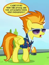 Size: 324x432 | Tagged: safe, derpibooru import, edit, edited screencap, screencap, spitfire, pegasus, pony, the washouts (episode), top bolt, angry, censored vulgarity, cropped, female, grawlixes, implied short fuse, landing strip, mare, speech bubble, sunglasses, text, vulgar, whistle, wonderbolts headquarters