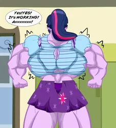Size: 3000x3300 | Tagged: suggestive, artist:nokozeze, derpibooru import, sci-twi, twilight sparkle, equestria girls, equestria girls series, anatomically incorrect, bulging, canterlot high, clothes, dialogue, female, fetish, lockers, muscle fetish, muscle growth, muscles, overdeveloped muscles, ponytail, rear view, solo, solo female, speech bubble, twilight muscle