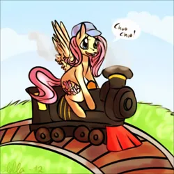 Size: 720x720 | Tagged: dead source, safe, artist:hound-fox, derpibooru import, fluttershy, pegasus, pony, cap, clothes, cloud, cute, engine, female, grass, hat, holding, link in description, locomotive, mare, open mouth, outdoors, rail, railroad, riding, sitting, sky, smiling, solo, speech bubble, spread wings, steam, steam engine, steam locomotive, talking, train, train conductor, video link in description, wings