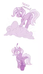 Size: 800x1380 | Tagged: safe, artist:dstears, derpibooru import, trixie, pony, unicorn, atg 2018, cute, diatrixes, exclamation point, female, hiding, mare, monochrome, newbie artist training grounds, plant, purple, simple background, smoke bomb, solo, white background