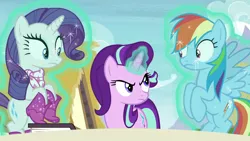 Size: 1920x1080 | Tagged: derpibooru import, levitation, magic, rainbow dash, rarity, safe, screencap, starlight glimmer, starlight is not amused, telekinesis, the end in friend, unamused