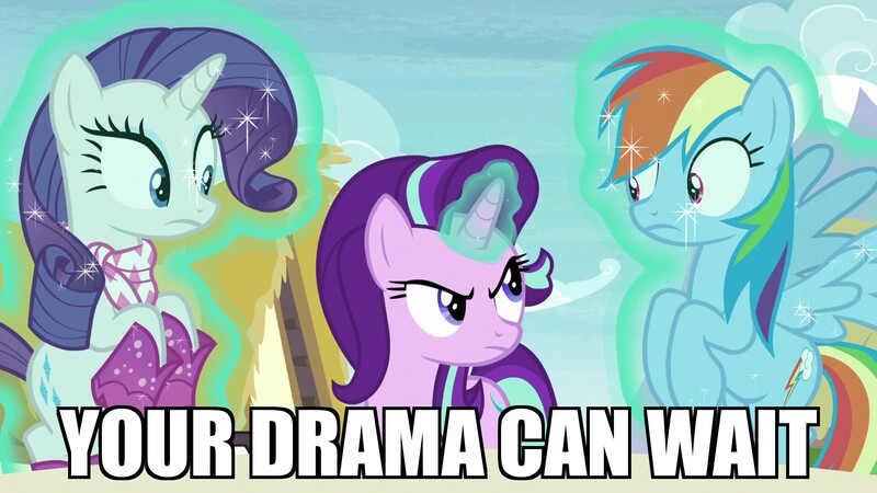 Size: 1920x1080 | Tagged: derpibooru import, edit, edited screencap, image macro, levitation, magic, meme, rainbow dash, rarity, reaction image, safe, screencap, starlight glimmer, starlight is not amused, telekinesis, the end in friend, unamused