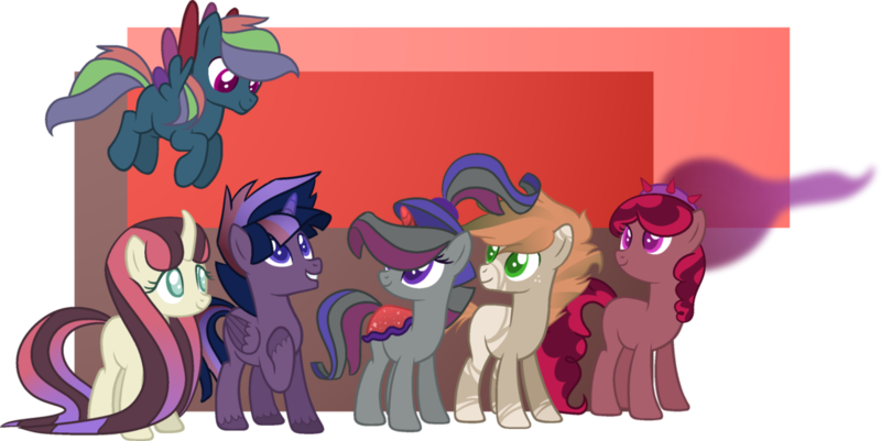 Size: 1024x513 | Tagged: safe, artist:leaf-in-thewind, derpibooru import, oc, unofficial characters only, earth pony, pegasus, pony, unicorn, base used, colored pupils, curved horn, ethereal mane, female, half-siblings, male, mare, offspring, parent:applejack, parent:fluttershy, parent:king sombra, parent:pinkie pie, parent:rainbow dash, parent:rarity, parent:twilight sparkle, parents:sombradash, parents:sombrajack, parents:sombrapie, parents:sombrarity, parents:sombrashy, parents:twibra, saddle, simple background, stallion, tack, transparent background, unshorn fetlocks