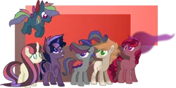 Size: 1024x513 | Tagged: safe, artist:leaf-in-thewind, derpibooru import, oc, unofficial characters only, earth pony, pegasus, pony, unicorn, base used, colored pupils, curved horn, ethereal mane, female, half-siblings, male, mare, offspring, parent:applejack, parent:fluttershy, parent:king sombra, parent:pinkie pie, parent:rainbow dash, parent:rarity, parent:twilight sparkle, parents:sombradash, parents:sombrajack, parents:sombrapie, parents:sombrarity, parents:sombrashy, parents:twibra, saddle, simple background, stallion, tack, transparent background, unshorn fetlocks
