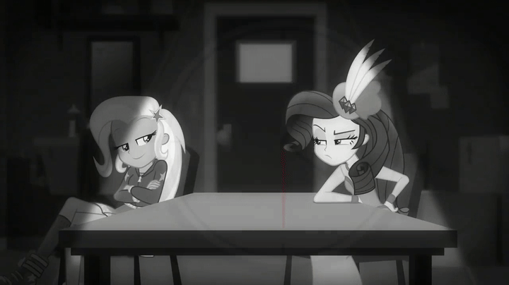 Size: 720x404 | Tagged: safe, derpibooru import, screencap, rarity, trixie, equestria girls, equestria girls series, rarity investigates: the case of the bedazzled boot, animated, black and white, clock, detective rarity, gif, grayscale, monochrome, noir, rarity investigates (eqg): trixie, sitting, table
