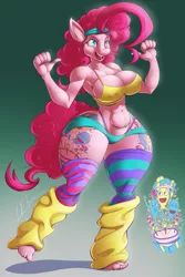 Size: 853x1280 | Tagged: alternate cutie mark, anthro, artist:thebigbadwolf01, barefoot, belly button, big breasts, breasts, busty pinkie pie, cleavage, clothes, cutie mark, cutie tat, derpibooru import, disproportional anatomy, erect nipples, feet, female, green background, headband, hip tattoo, leg warmers, midriff, nipple outline, panties, pinkie pie, plantigrade anthro, pointing, pointing at self, sexy, shorts, sideboob, simple background, socks, solo, solo female, sports bra, suggestive, tattoo, thigh highs, thong, thunder thighs, underwear, wide hips