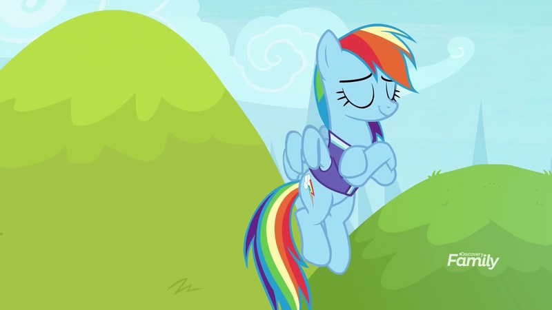 Size: 1920x1080 | Tagged: safe, derpibooru import, screencap, rainbow dash, pony, the end in friend, eyes closed, solo