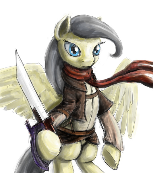 Size: 1500x1688 | Tagged: safe, artist:dahtamnay, derpibooru import, oc, unofficial characters only, pegasus, pony, attack on titan, clothes, female, mare, mikasa ackerman, scarf, simple background, solo, sword, traditional art, weapon, white background