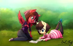 Size: 900x571 | Tagged: safe, artist:starshinebeast, derpibooru import, oc, oc:raidiant, unofficial characters only, anthro, pegasus, clothes, converse, duo, duo female, female, glasses, grass, image, pencil, png, shoes, signature, sketchbook, smiling