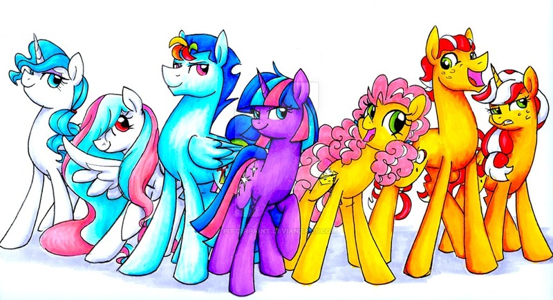 Size: 1024x555 | Tagged: safe, artist:pitterpaint, derpibooru import, oc, oc:cream cheese, oc:darcy spice, oc:niagara falls, oc:princess harmony star, oc:ritzy, oc:sky rocket, oc:swindle s. apple, unofficial characters only, earth pony, pegasus, pony, unicorn, bio in the source, deviantart watermark, female, male, mare, next generation, offspring, parent:applejack, parent:bulk biceps, parent:cheese sandwich, parent:fancypants, parent:flash sentry, parent:flim, parent:fluttershy, parent:pinkie pie, parent:rainbow dash, parent:rarity, parent:soarin', parent:twilight sparkle, parents:cheesepie, parents:flashlight, parents:flimjack, parents:flutterbulk, parents:raripants, parents:soarindash, simple background, smiling, stallion, traditional art, watermark, white background