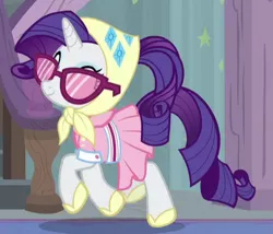 Size: 473x404 | Tagged: safe, derpibooru import, screencap, rarity, pony, unicorn, the end in friend, camping outfit, clothes, cropped, dress, eyes closed, female, mare, solo, sunglasses