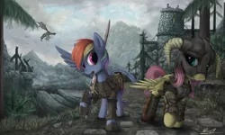 Size: 2500x1500 | Tagged: safe, alternate version, artist:yakovlev-vad, derpibooru import, fluttershy, rainbow dash, dragon, pegasus, pony, armor, castle, crossover, dovahshy, duo, duo female, female, helmet, mare, mountain, saddle bag, scenery, skyrim, sword, the elder scrolls, tree, weapon