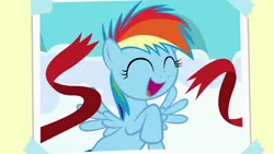 Size: 1280x720 | Tagged: safe, derpibooru import, screencap, rainbow dash, pegasus, pony, parental glideance, cheerful, cute, dashabetes, eyes closed, female, filly, filly rainbow dash, finish line, flying, foal, messy mane, multicolored mane, open mouth, photo, photo album, raised hoof, smiling, spread wings, winning, younger