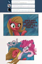 Size: 976x1490 | Tagged: safe, artist:hewison, derpibooru import, pinkie pie, oc, oc:pun, earth pony, pony, ask pun, ask, female, hotblooded pinkie pie, mare, no, pun