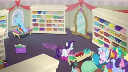 Size: 1920x1080 | Tagged: safe, derpibooru import, screencap, berry blend, berry bliss, gallus, huckleberry, november rain, ocellus, peppermint goldylinks, rainbow dash, rarity, sandbar, silverstream, smolder, yona, pegasus, pony, unicorn, the end in friend, bench, boots, bored, boxes, clothes, crowd, female, friendship student, frustrated, glitter, glitter boots, high heels, mare, mirror, neckerchief, shelves, shoe store, shoes, shopping, sitting, store, student six, students