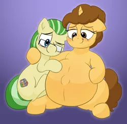 Size: 2810x2744 | Tagged: suggestive, artist:comfyplum, derpibooru import, oc, oc:buttermilk, oc:enigma, unofficial characters only, earth pony, pony, unicorn, belly, belly button, belly hug, big belly, blushing, cuddling, curled up, cute, female, glasses, gradient background, lidded eyes, looking down, male, mare, one eye closed, outie belly button, pregnant, purple background, romantic, shipping, simple background, sitting, smiling, stallion, straight, wide hips