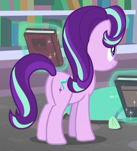 Size: 473x523 | Tagged: safe, derpibooru import, screencap, starlight glimmer, pony, unicorn, the end in friend, book, cropped, female, glowing horn, horn, magic, mare, plot, smiling, solo, telekinesis