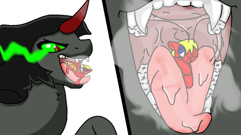 Size: 1024x575 | Tagged: questionable, artist:steelclaw, derpibooru import, king sombra, oc, pony, breath, breathplay, bulky, comic, drool, evil, evil grin, fangs, fetish, foggy breath, giant pony, grin, macro, macro/micro, male, mawplay, mawshot, micro, mouth, mouthplay, open mouth, smiling, sombra eyes, squishy, stallion, swallowing, throat, tiny, tiny ponies, tongue out, unwilling prey, unwilling vore, vore