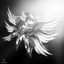 Size: 1500x1500 | Tagged: safe, artist:zidanemina, derpibooru import, oc, oc:infernia, unofficial characters only, alicorn, pony, unicorn, armor, crossover, female, flying, grayscale, mare, monochrome, multiple horns, multiple wings, saint seiya, six wings, solo, tricorn