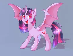 Size: 1300x1000 | Tagged: safe, artist:ch-chau, artist:whiskyice, derpibooru import, twilight sparkle, twilight sparkle (alicorn), alicorn, bat pony, bat pony alicorn, pony, bat ponified, blood, blue background, collaboration, fangs, female, mare, race swap, simple background, smiling, solo, twibat
