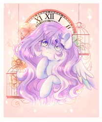 Size: 1000x1200 | Tagged: safe, artist:whiskyice, derpibooru import, oc, pegasus, pony, abstract background, birdcage, blushing, bust, clock, colored wings, colored wingtips, cute, female, flower, hairclip, heterochromia, hoof under chin, looking up, mare, pretty, purple eyes, purple hair, sparkles, wings, yellow eyes