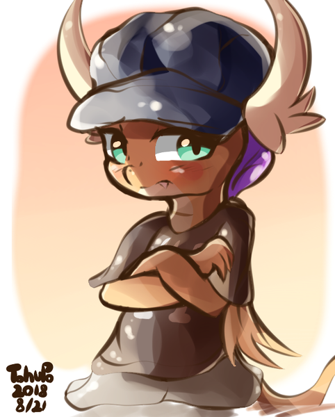 Size: 602x750 | Tagged: abstract background, artist:tohupo, blushing, clothes, costume, crossed arms, cute, derpibooru import, dragon, dragoness, embarrassed, fangs, female, gangsta, gangster, hat, safe, signature, smolder, smolderbetes, solo, thug life