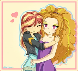 Size: 2400x2200 | Tagged: safe, artist:nekowy, derpibooru import, adagio dazzle, sunset shimmer, equestria girls, bare shoulders, cute, eyes closed, female, heart, hug, human coloration, lesbian, lidded eyes, shipping, sleeveless, strapless, sunsagio