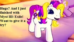 Size: 392x224 | Tagged: bronybait, cropped, cute, derpibooru import, edit, edited screencap, g3, hug request, myst, myst iii exile, positively pink, puzzlebetes, puzzlemint, safe, screencap, text, that pony sure does love puzzles, wysteria