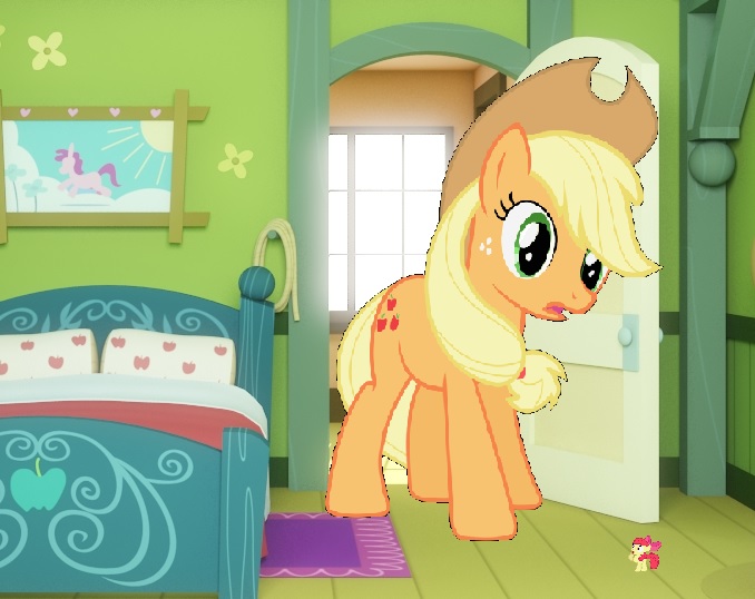 Size: 678x538 | Tagged: safe, artist:hereward, derpibooru import, edit, screencap, vector edit, apple bloom, applejack, pony, from the depths of deviantart, giant pony, implied giantess, implied shrinking, macro, tiny, vector