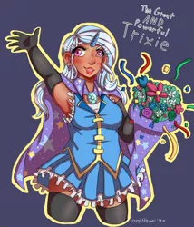 Size: 3149x3675 | Tagged: armpits, artist:mylittleyuri, cape, clothes, cute, derpibooru import, digital art, flower, hat, high res, horn, horned humanization, human, humanized, safe, socks, solo, thigh highs, trixie