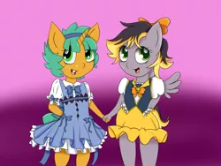 Size: 1280x960 | Tagged: safe, artist:ask-featherlite, derpibooru import, snails, oc, oc:aero, anthro, pegasus, unicorn, anthro oc, bow, canon x oc, clothes, crossdressing, cute, diasnails, dress, gay, glitter shell, hair bow, happy, holding hands, lolita fashion, male, offspring, offspring shipping, parent:derpy hooves, parent:oc:warden, parents:canon x oc, parents:warderp, shellbetes, shipping