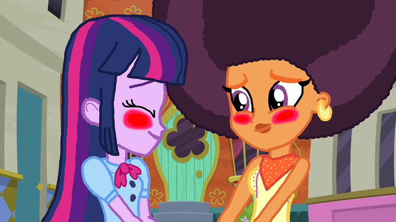 Size: 2000x1125 | Tagged: safe, artist:bigpurplemuppet99, derpibooru import, saffron masala, twilight sparkle, equestria girls, afro, alternate clothes, alternate hairstyle, blushing, female, lesbian, shipping, twiffron