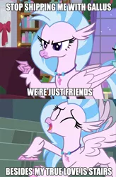 Size: 560x856 | Tagged: anti-shipping, blatant lies, derpibooru import, edit, edited screencap, hippogriff, meme, safe, school daze, screencap, shipping denied, silverstream, stairs, stairs are awesome, that hippogriff sure does love stairs, the hearth's warming club