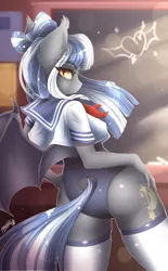 Size: 3225x5200 | Tagged: suggestive, alternate version, artist:sparklyon3, derpibooru import, oc, oc:midnight rush, unofficial characters only, anthro, bat pony, alternate costumes, anthro oc, bat pony oc, breasts, clothes, commission, female, panties, rcf community, school, schoolgirl, school uniform, solo, stockings, swimsuit, thigh highs, underwear, ych result